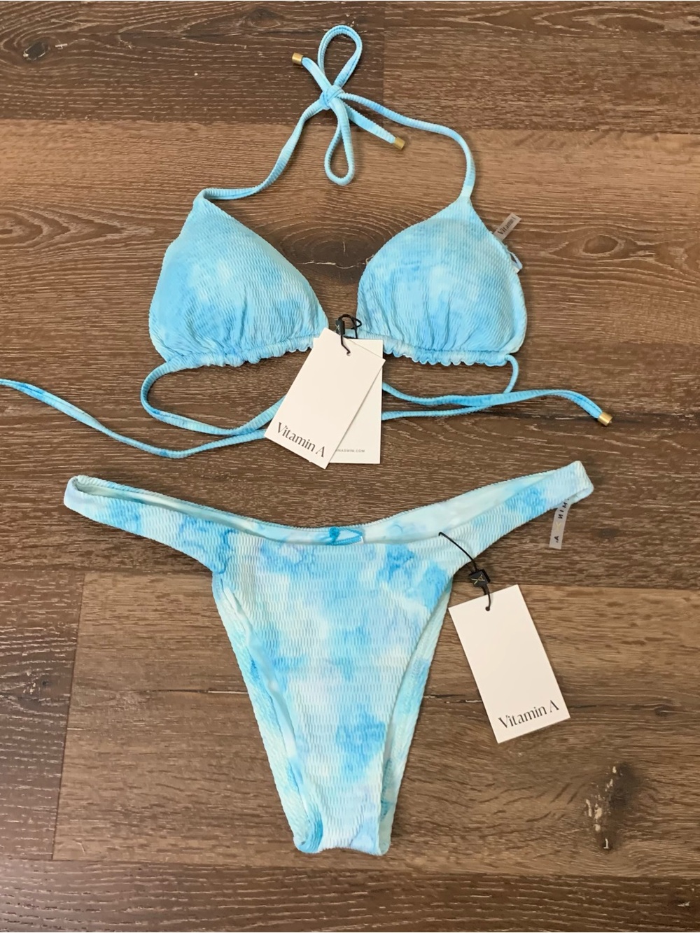 Vitamin A Blue White Tie Dye Ribbed Triangle Gia Bikini set swimsuit M NWT